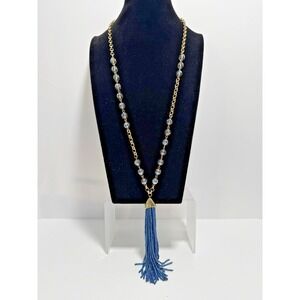 Weingeroff P.P. Sample NWT Geometric Crystal Bead Long Tassel Necklace Gold Tone